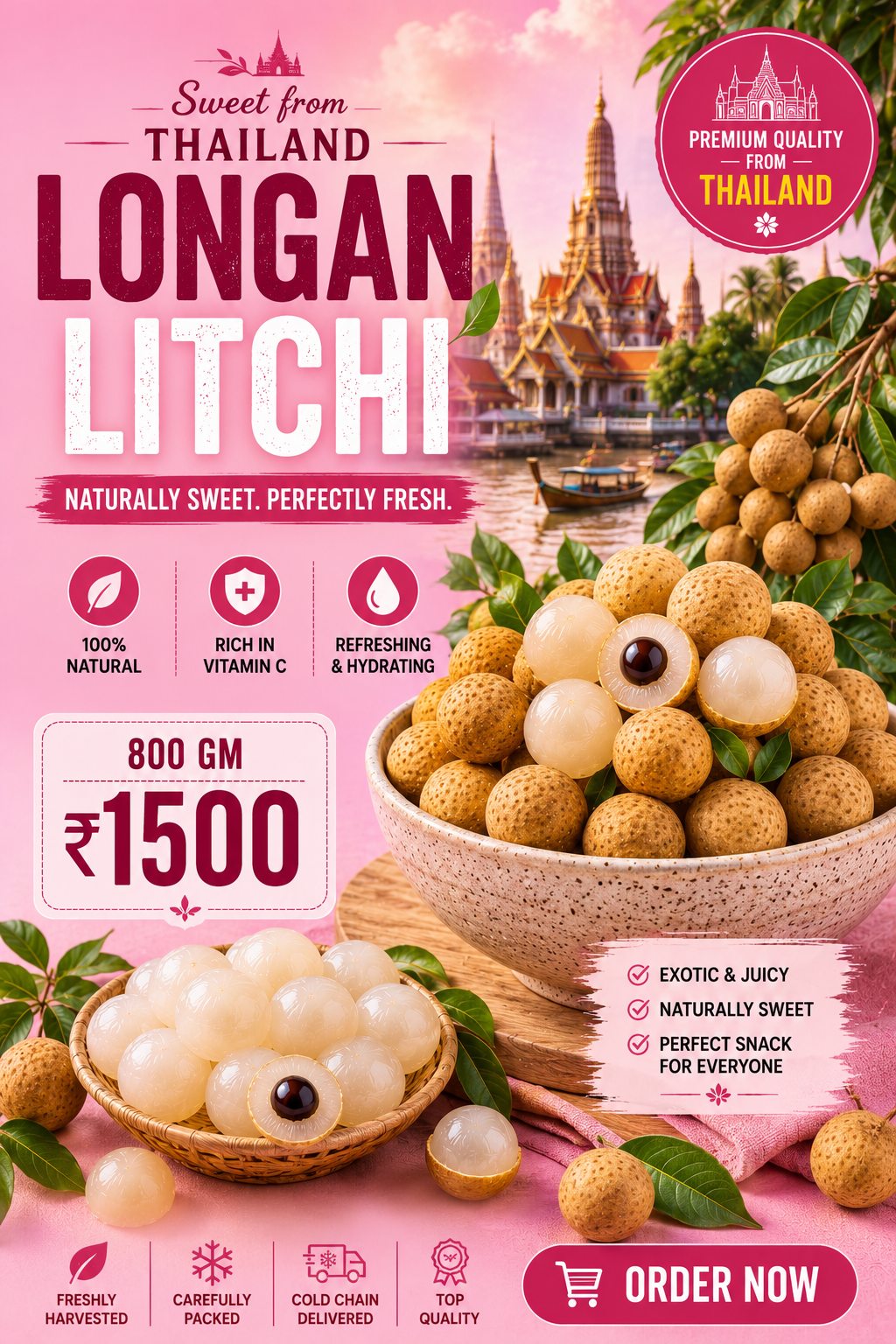 Premium Thailand Litchi Longan (800g) | Air Imported Fresh Fruit | Pan India Delivery